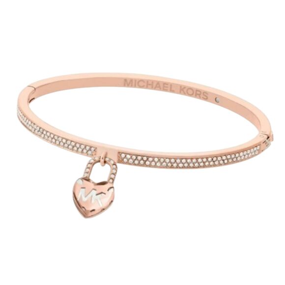 Michael Kors Bracelet Rose Gold Logo Love Heart Charm Rhinestone Hinge Bangle - Picture 3 of 10